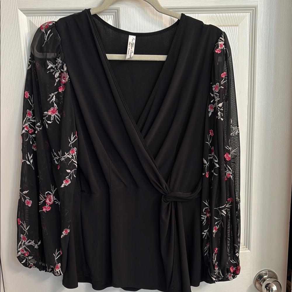 PerSeption Concept Black and Pink Wrap Tie Front Blouse